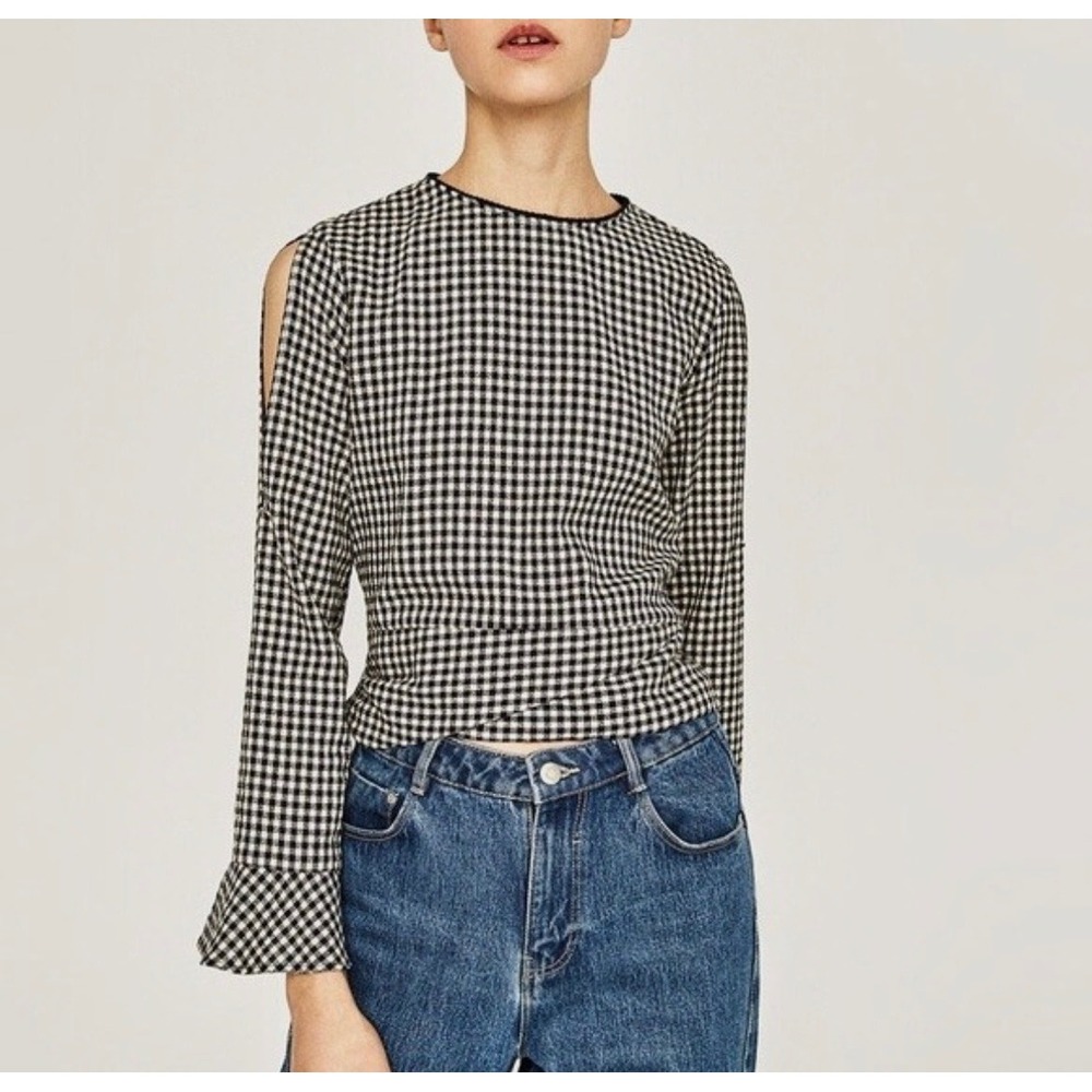 Zara Gingham Cold Shoulder Top Black White Ruffle Sleeve Tie Back Blouse XS